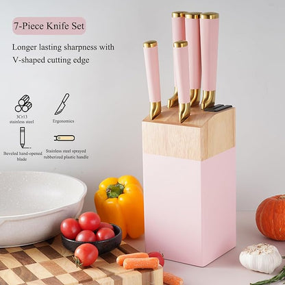 Aesthetic Gold Pink Kitchen Knife Set,7Pcs Gold Titanium Coated Dishwasher Safe Knife Block Sets,Wooden Block with Built-In Sharpener,Luxury Gift for Women Modern Kitchen