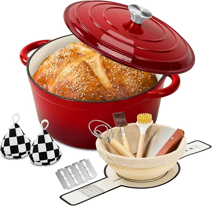 Enameled Cast Iron Dutch Oven with Lid -6.5 QT, incl. Sourdough Bread-Baking Supplies like Banneton Proofing Basket, Heavy Duty Cookware Bread-Oven for Baking, Stews, and Roasting, Cherry Red