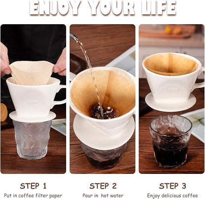 Pour Over Coffee Dripper, Ceramic Pour Over Coffee Maker with 3 Holes Flat Bottom, Easy Manual Brew Maker, Porcelain Slow Filter Cone for Travel, Camping, Office, Home, White