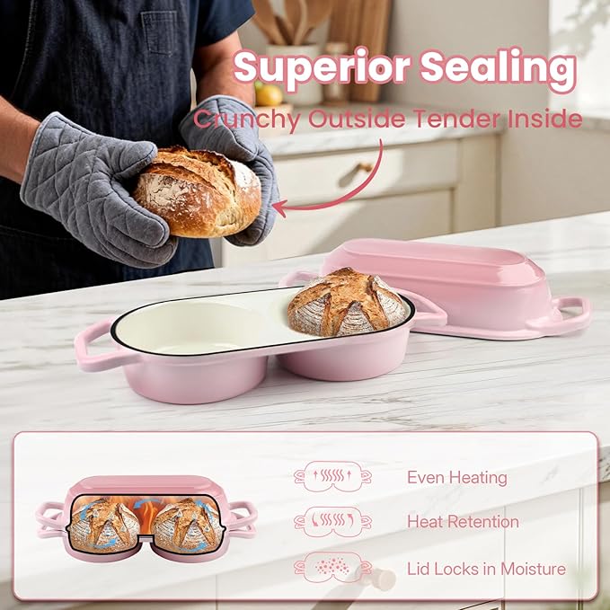 YONILL Mini Double Dutch Oven for Sourdough Bread Baking - Enameled Cast Iron Dutch Oven Pot with Lid and 5" Banneton Bread Proofing Basket Kit, Dual Round Bread Loaf Pan for Homemade Baking (Pink)