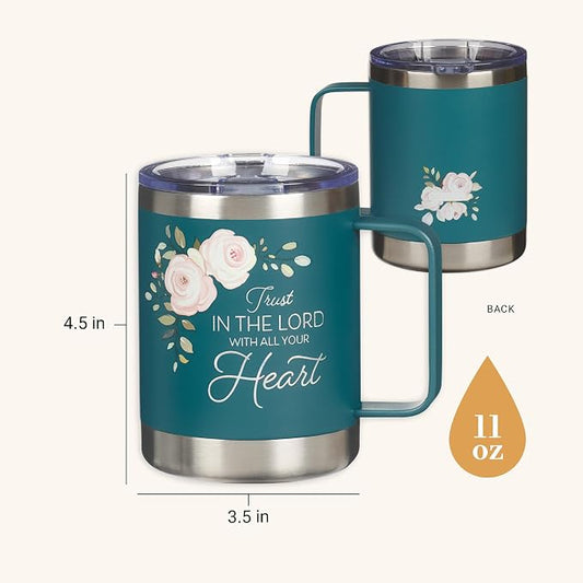Christian Art Gifts Reusable Stainless Steel Double Wall Vacuum Insulated Camp Style Travel Mug w/Handle for Women: Trust in the Lord Inspirational Bible Verse, BPA-free Retractable Lid, Teal, 11 oz.