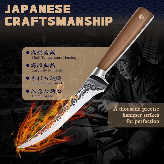 Huusk Boning Knife 6 Inch Fillet Knife for Meat Brisket Trimming Knives Japan Hand Forged Deboning Knives Full Tang Meat Cutting Butcherig for Kitchen Cooking BBQ