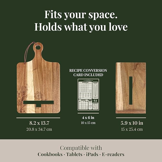 Wooden Cookbook Stand for Kitchen Counter - Reversible Recipe Book Holder with Cooking Measurement Conversion Card - Gift-Ready Adjustable Tablet Cookbook Holder Stand - 13.7"x8.2"