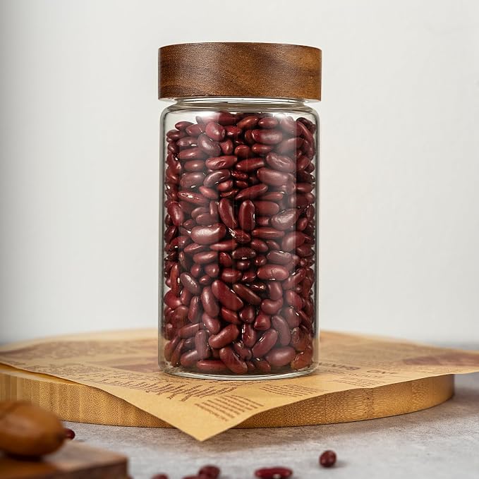 2PCS Small Glass Storage Jars with Airtight Lids, 19.3 fl oz (560ml) coffee container with Wooden Lid, Glass Pantry Canister for Beans, Rice, Sugar and etc