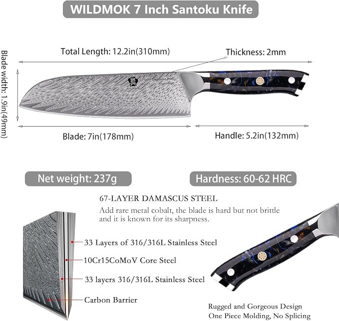 WILDMOK Santoku Knife, 7" Japanese Damascus Forged Kitchen Knife, Professional Chopping Knife, Razor Sharp & Ergonomic Handle Design-Comes in a gift box