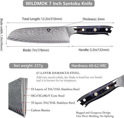 WILDMOK Santoku Knife, 7" Japanese Damascus Forged Kitchen Knife, Professional Chopping Knife, Razor Sharp & Ergonomic Handle Design-Comes in a gift box