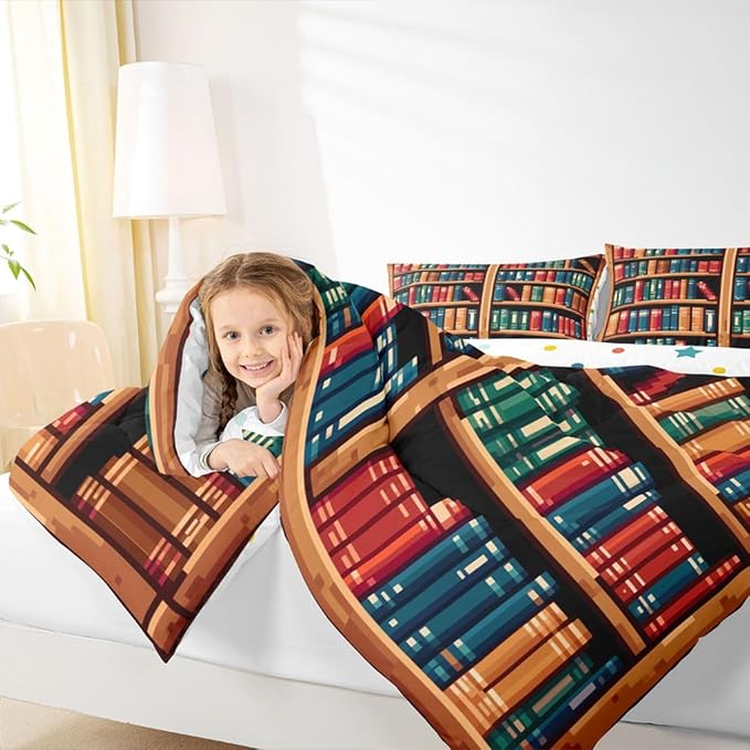 Manfei Bookshelf Comforter Set,Pixelated Pixel Style Games Bedding Set Kids Teens Modern Decor,Anime Bookcase Theme Comforter with 1 Pillowcase for All Seasons,Twin