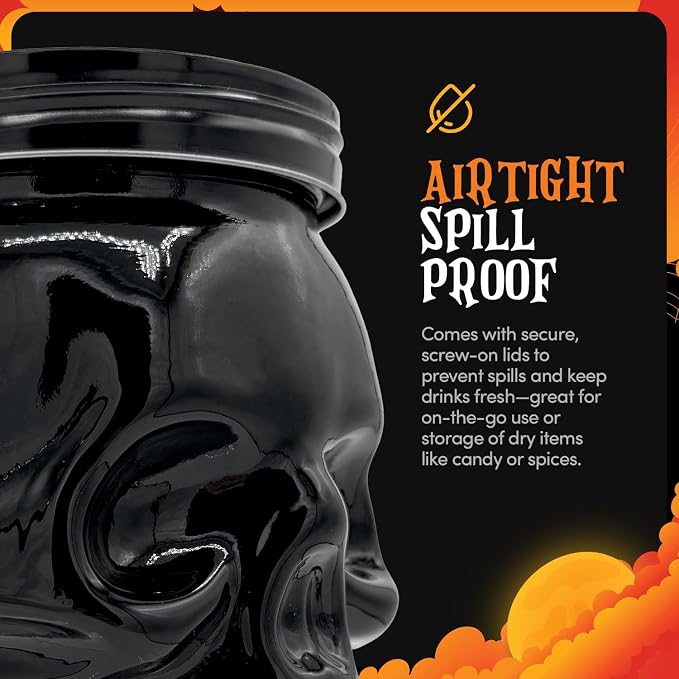 DURA LIVING Set of 2 Skull Mason Jar Glasses with Lids | 42oz Reusable Halloween Drinking Glasses | Unique Skull Décor, Storage, & Canning Jars for Parties & Gifts