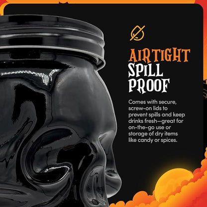 DURA LIVING Set of 2 Skull Mason Jar Glasses with Lids | 42oz Reusable Halloween Drinking Glasses | Unique Skull Décor, Storage, & Canning Jars for Parties & Gifts