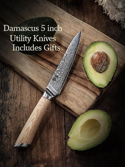 DONGSUN 5 Inch Damascus Utility & Steak Knife with North American Black Walnut Sheath, 67-Layer VG10 Forged Steel Japanese Kitchen Knife, Professional Durable Sharpness