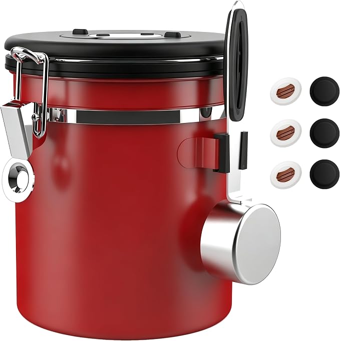 ShanSon Coffee Canister Airtight, Stainless Steel Bean Storage Container with Date Tracker & Scoop, Grounds Sugar Flour Tea Cereal Fits Kitchen Pantry, Ideal Gift for Coffee Lovers,16oz,Red
