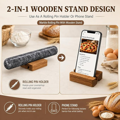 French Rolling Pin for Baking, FiiMan 12 Inch Marble Rolling Pins with Wooden Stand, Heavy Stone French Polished Non-Stick Roller Pins For Baking Cookie Pizza Pastry (Black)