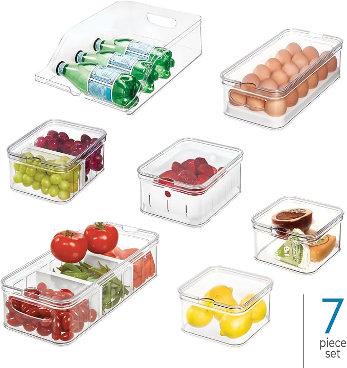 iDesign Crisp 7-Piece Recycled Plastic Refrigerator Organizer Bin Set with Lids, Clear/White