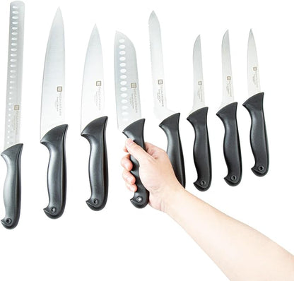 Restaurantware Sensei 8-Piece Knife Set 1 With Colored Coded Pins Professional Knife Set For Chefs - Razor Sharp Stain-Resistant Black German Steel Steel Knife Set Ergonomic Handle