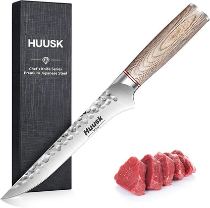 Huusk Boning Knife for Meat Cutting, 6.5" Hand Forged Japanese Fillet Knife for Meat Fish Poultry, Deboning Butcher Knives for Processing with Ergonomic Pakkawood Handle, Gift Box for Cooking lovers