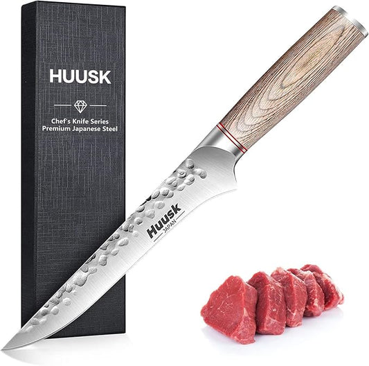 Huusk Boning Knife for Meat Cutting, 6.5" Hand Forged Japanese Fillet Knife for Meat Fish Poultry, Deboning Butcher Knives for Processing with Ergonomic Pakkawood Handle, Gift Box for Cooking lovers