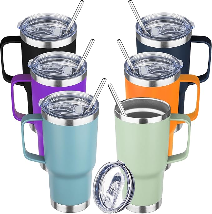 20 oz Tumbler with Handle Stainless Steel Insulated Coffee Tumbler with Lid and Straw Double Wall Vacuum Insulated Coffee Mug Leak Proof Travel Mug Tumbler for Hot and Cold Drink, Mix Color-10