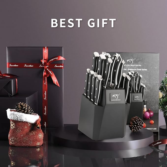NANFANG BROTHERS 18-Piece Damascus Kitchen Knife Sets, 67-layer Japanese Damascus Steel Heat-Treated and Forged, ABS Ergonomic Handle, Ultra Sharp Chef Knife Block Set with Sharpener