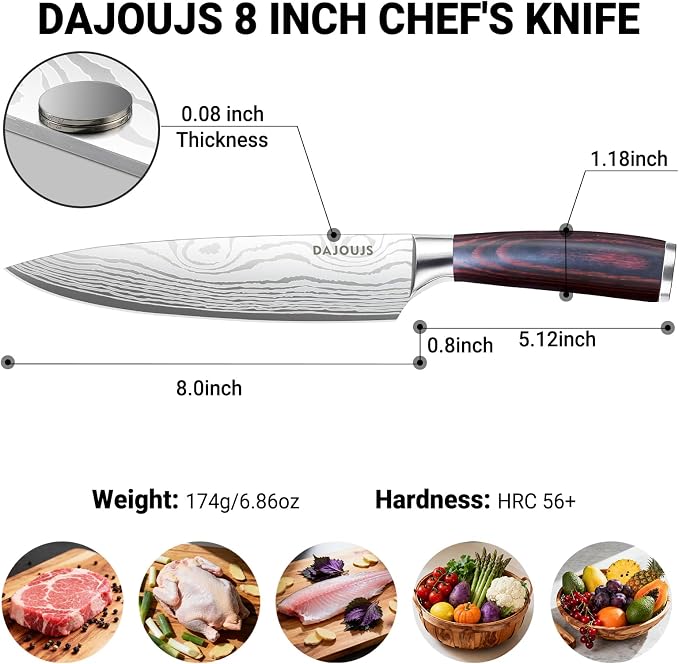Chef Knife 8 Inch Kitchen Knife - Ultra Sharp Japanese High-Carbon Steel Chefs Knife, Professional Cooking Knives with Ergonomic Wood Handle & Gift Box