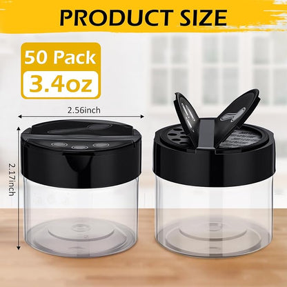 50 Pack 3.4 oz Plastic Spice Jars with Black Cap Empty Clear Spice Bottles Containers Seasoning Jars with Shaker Lids for Storing Herbs and Seasoning Powders Kitchen Restaurant Storage