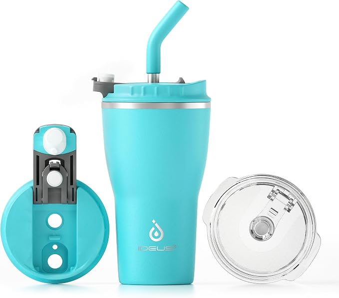 IDEUS Insulated Tumbler with Lid and Straw 14 oz, Stainless Steel Double-Wall Vacuum Leak-Proof Travel Coffee Mug, Cup Holder Friendly, Sky Blue