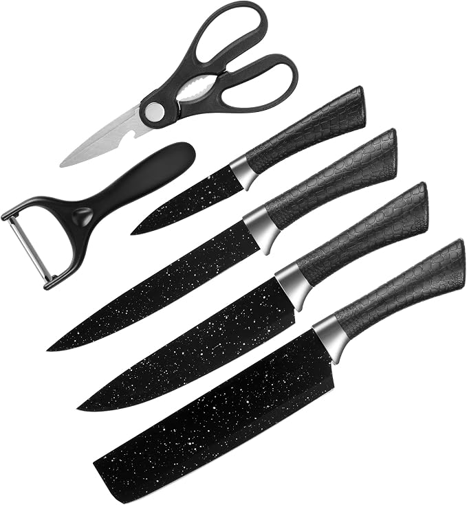 TJ POP Kitchen Knife Set 6-Piece, Rustproof Sharp Stainless Steel Chef's Knife Set, Non-Stick Coated Black Starry Night Pattern Blades and Ergonomic Handle, Cooking Knives for Home Restaurant Camping