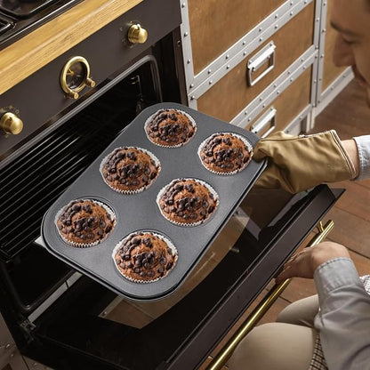2 Packs Round Muffin Baking Pan, Premium Steel Muffin Pan for Baking, Cupcake Tin Cheesecake Pans, Bakeware Muffin Top Pan (6 Cups,Black)