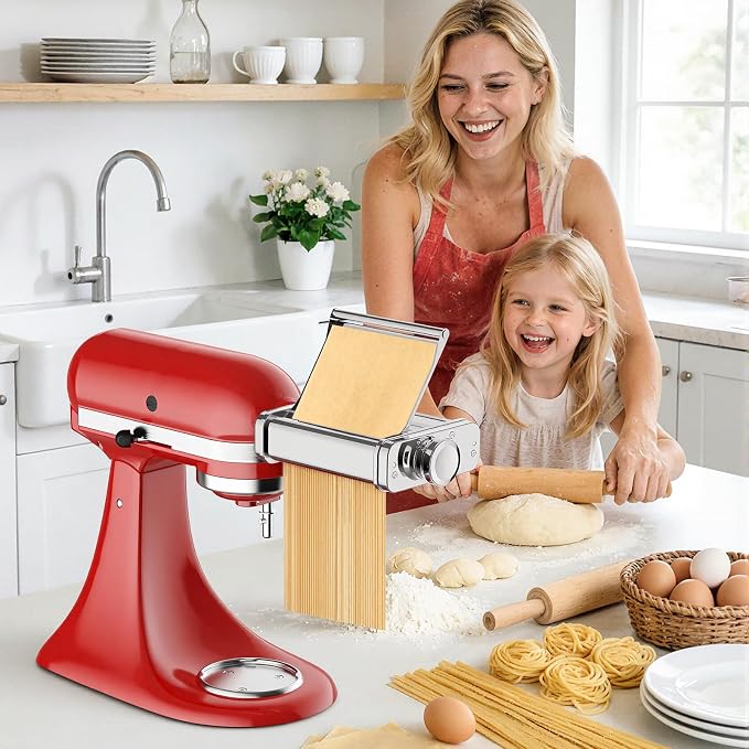 Stainless Steel Pasta Attachment for KitchenAid Stand Mixer, 3-in-1 Pasta Maker with Pasta Roller, Spaghetti & Fettuccine Cutters, Food-Grade KitchenAid Pasta Attachment for Homemade Noodles