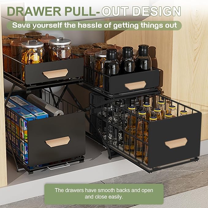 2 Tier Pull Out Pull out Cabinet Organizer with Adjustable Height, Under Sink Organizer, Slide out Pantry Shelves Drawer Storage for Kitchen Organization (Black, 2 Tier)