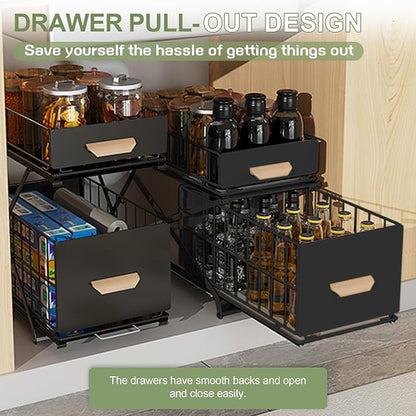 2 Tier Pull Out Pull out Cabinet Organizer with Adjustable Height, Under Sink Organizer, Slide out Pantry Shelves Drawer Storage for Kitchen Organization (Black, 2 Tier)