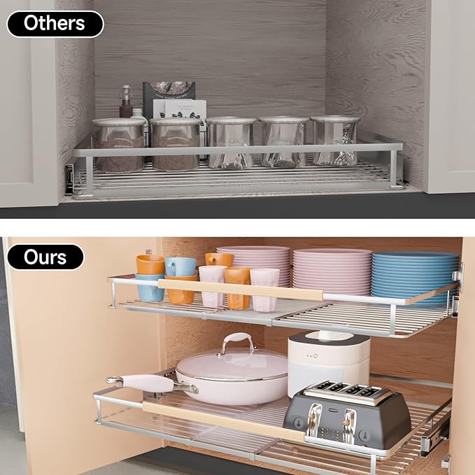 Expandable Pull Out Cabinet Organizer, 23.2"-39.9" W x 22.5''D | 1Pack, Stainless Steel Slide Out Drawers, Heavy Duty Drawer Slides, For Kitchen Pantry Cupboard Pots Pans, Adjustable Width