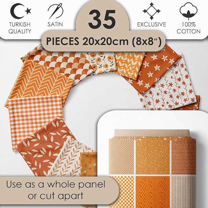 Cotton Satin Patchwork Fabric Panel – 35 Designs, 20×20 cm Squares, Single Piece 150×110 cm, Terracotta Orange Quilt Fabric(Sunset Orange Floral Patchwork Set, 35pcs 8x8 inch)