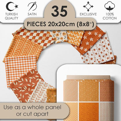 Cotton Satin Patchwork Fabric Panel – 35 Designs, 20×20 cm Squares, Single Piece 150×110 cm, Terracotta Orange Quilt Fabric(Sunset Orange Floral Patchwork Set, 35pcs 8x8 inch)