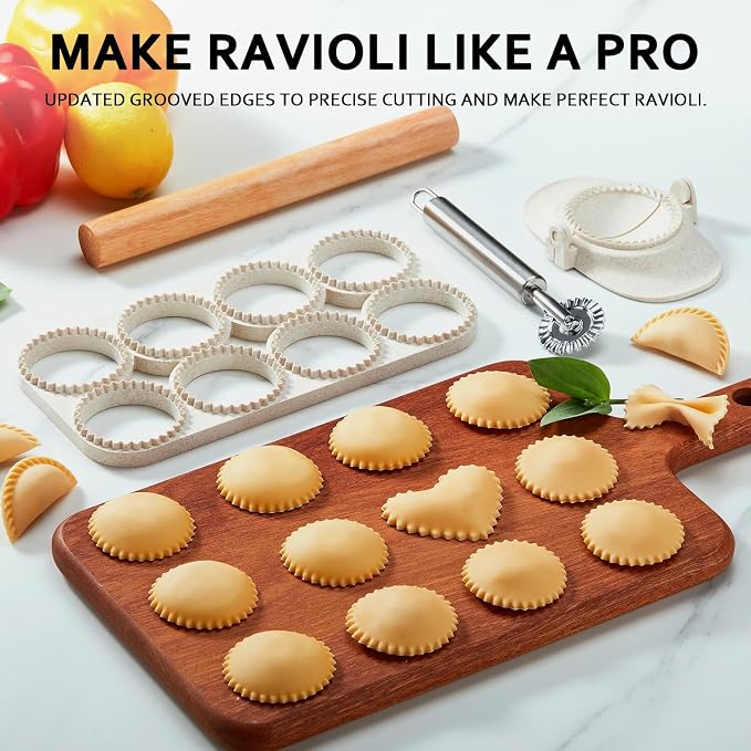 Ravioli Maker Press, Ravioli Press Mold Set - Round Ravioli Stamp Maker Cutter with Wood Rolling Pin, 2.6" Empanada Maker Press Kit and Ravioli Wheel, Makes 8 Ravioli