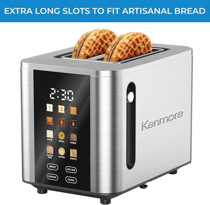 Kenmore 2-Slice Toaster - Color Touch Screen & 6 Shade Settings, Extra Wide Slots, Digital Countdown Timer, Customizable Smart Presets, Reheat, Defrost, Add Time Functions, Stainless Steel
