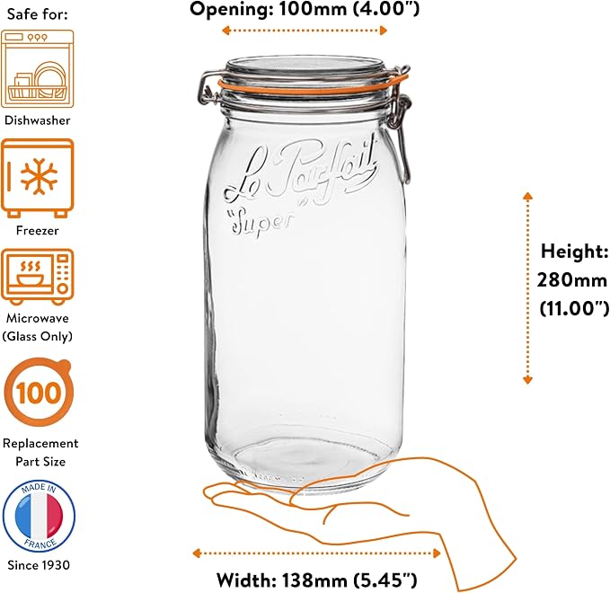Le Parfait Super Jar 3L (96oz) French Glass Preserving Jar w/Airtight Rubber Seal & Wire Bail Closure - BPA-Free Canning Jar for Pickles, Fruit, Sauce& Food Storage - Made in France Since 1930 3PK/CP