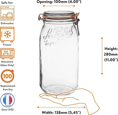 Le Parfait Super Jar 3L (96oz) French Glass Preserving Jar w/Airtight Rubber Seal & Wire Bail Closure - BPA-Free Canning Jar for Pickles, Fruit, Sauce& Food Storage - Made in France Since 1930 3PK/CP