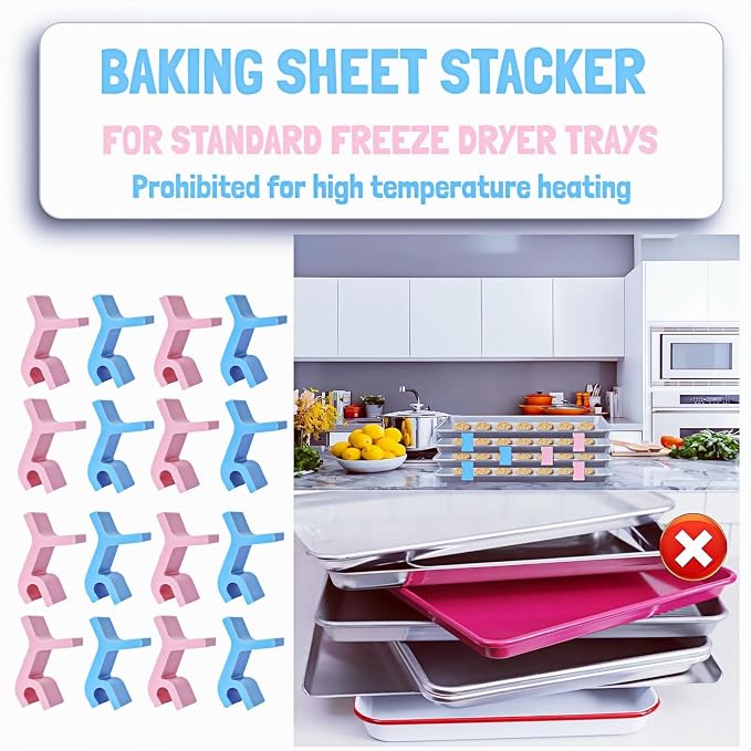Baking Sheet Stacker, Pack of 16, Tray Stackers Stacking Holder Rack Kitchenwares Tray Stacker for Freeze Dryer Trays Kitchen Picnic BBQ (16, Pink + Blue)