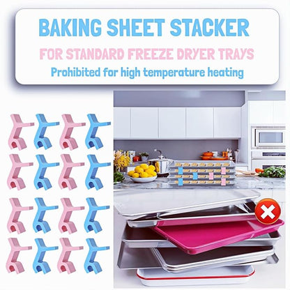 Baking Sheet Stacker, Pack of 16, Tray Stackers Stacking Holder Rack Kitchenwares Tray Stacker for Freeze Dryer Trays Kitchen Picnic BBQ (16, Pink + Blue)