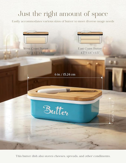 Butter Dish, Butter Dish with Lid for Countertop,Metal Butter Keeper with Stainless Steel Multipurpose Butter Knife, Large Butter Container with quality Silicone Good Kitchen Gift,Lake Bue
