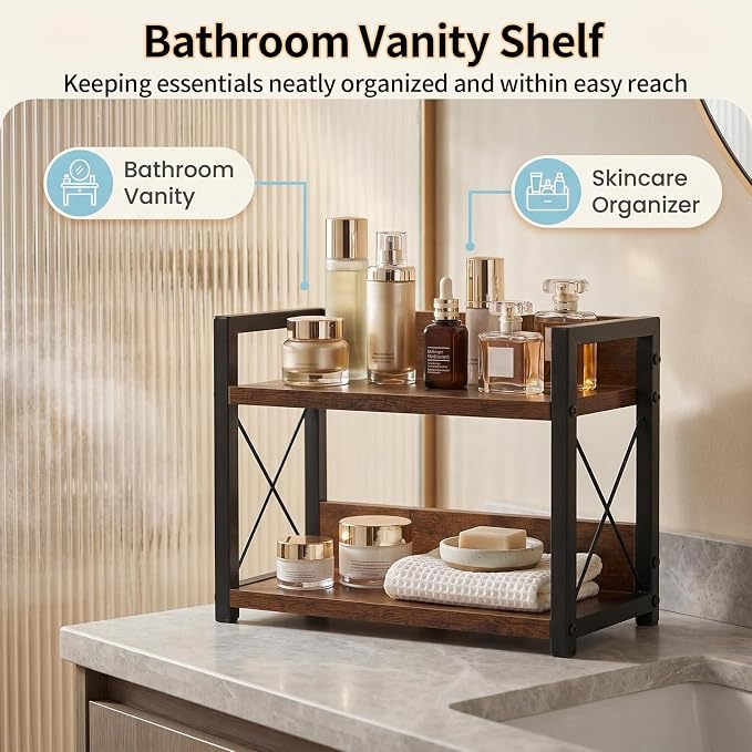 2-Tier Countertop Organizer, Iron-Wood Coffee Station Shelf, Heavy Duty Kitchen Counter Spice Rack for Coffee Bar, Pantry, Bathroom Storage(Brown)