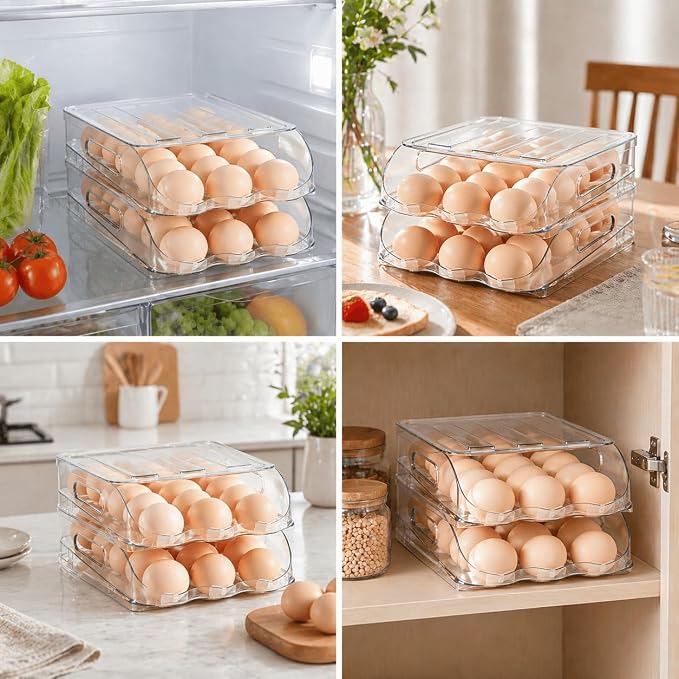 SMRCAD Egg Holder for Fridge, Automatic Steady Rolling Egg Dispenser with Silicone Bumpers & Handle for Refrigerator, Large Capacity Egg Organizer with Lid