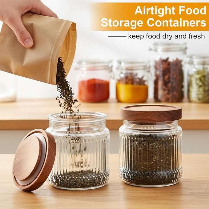 6 Pcs 500ml/17 oz Vintage Glass Storage Jar Glass Containers with Wood Lid Ribbed Pattern Airtight Kitchen Spice Containers for Pantry, Coffee Bean, Grains, Tea, Sugar, Flour, Candy, Oats