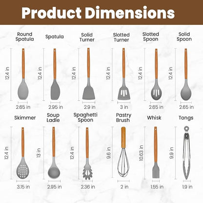 Kitchen Utensils Set - 12 Pcs Silicone Cooking Utensils Set with Wooden Handle - Heat Resistant Non-Stick BPA Free Spatula Set,Turner, Spoon, Brush, Silicone Kitchen Gadgets Utensil Set