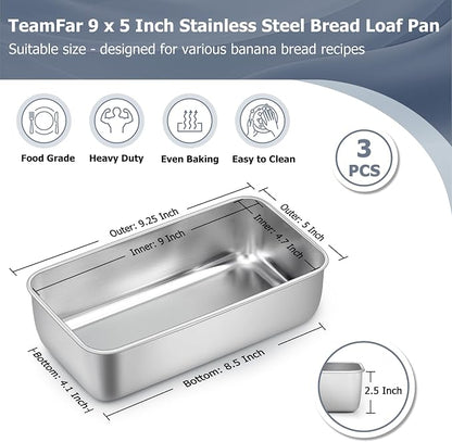 TeamFar Loaf Pan Set of 3, 9 x 5 Inch Bread Loaf Meatloaf Pan Stainless Steel for Baking Bread Cake Toast Brownies, Healthy & Sturdy, Oven & Dishwasher Safe
