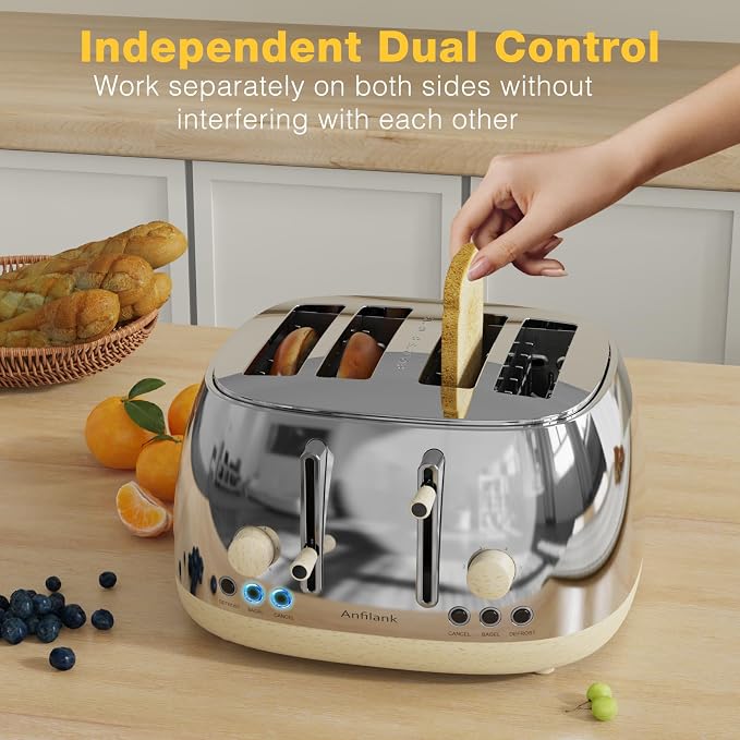 Anfilank Toaster 4 Slice,Retro Stainless Steel Toaster with Extra Wide Slots, Dual Independent Control Panel, Cancel, Bagel, Defrost Function, Removable Crumb Tray (Silver)