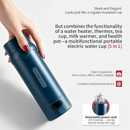Insulated Stainless Steel Electric Kettle Small, Smart Water Bottle with 4 temperature control, Leak-Proof, Mini Travel Essentials Portable Office Gifts for Tea Lovers, Dark Blue