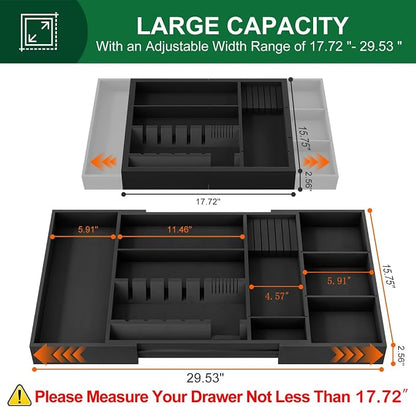 Bamboo Silverware Drawer Organizer, 17.72-29.53 Inch Expandable Large Kitchen Drawer Organizer, 5-8 Slot Flatware with Removable Card Slots & Knife Block for Spoon Butter Knive, Black