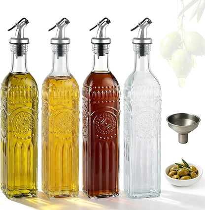 WERTIOO 4 Pack Olive Oil Dispenser Bottle for Kitchen,17oz Clear Glass Cooking Olive Oil and Vinegar Dispenser with Funnel, Delicately Engraved Glass Bottles for Kitchen