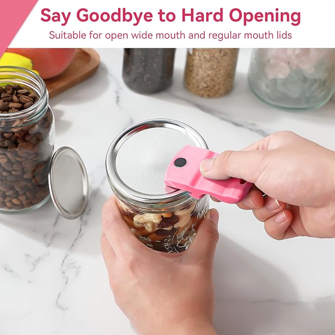 2 Pack Canning Jar Opener with Magnets, Mason Jar Opener For Canning Lids, Regular and Wide Mouth Lids, Powerful Magnet for Easy Refrigerator Storage, Releases Vacuum Seal– Patent Pending(Pink)